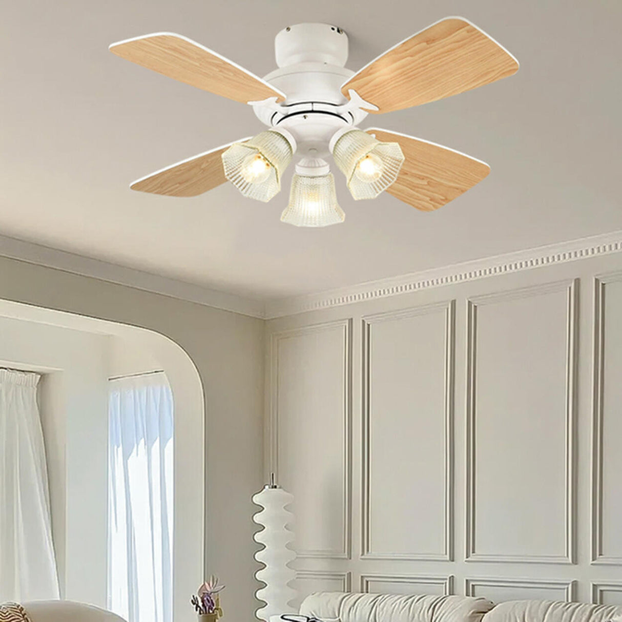 Vintage Floral Shade 4 Wood Blade Chandelier Fan Light Image - 7