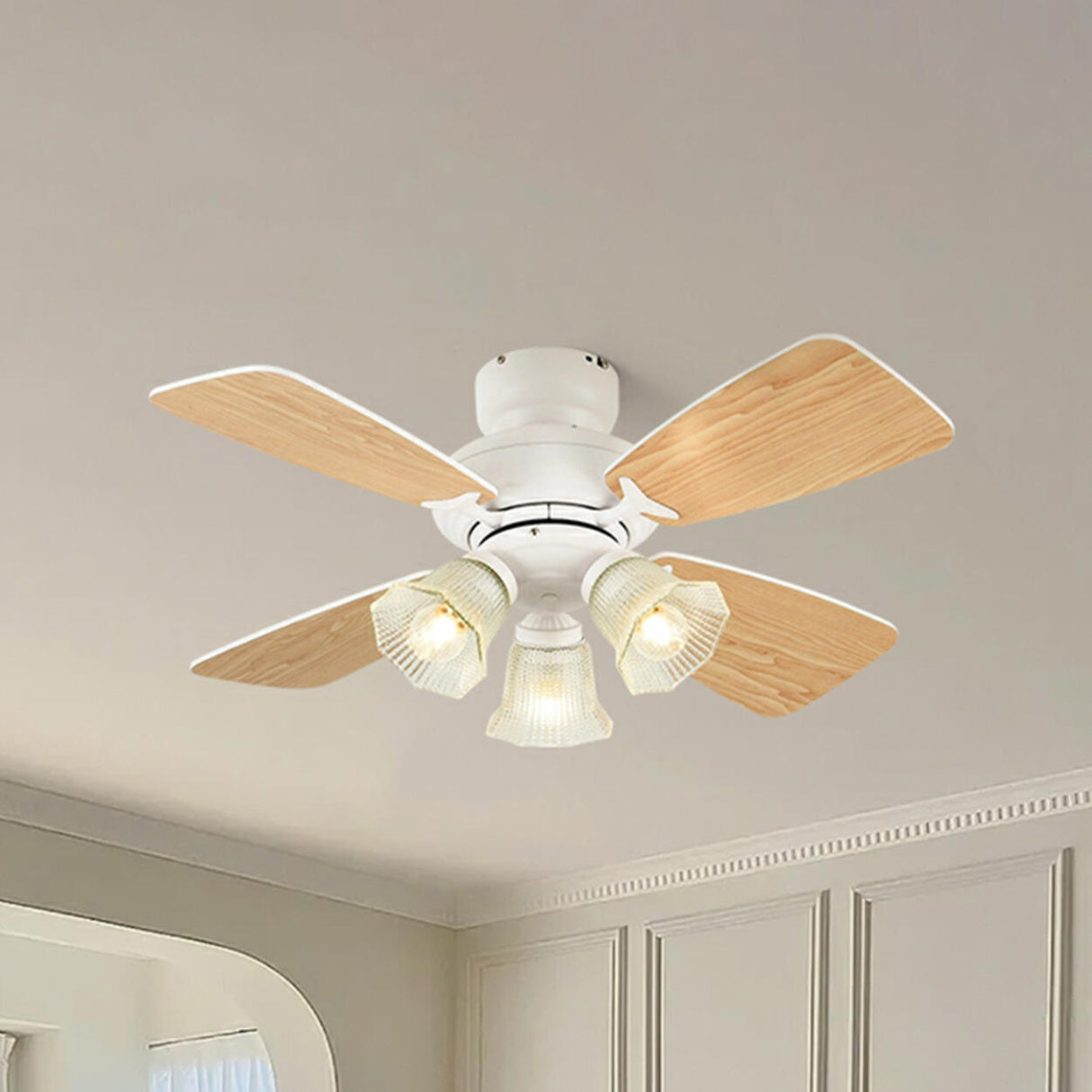 Vintage Floral Shade 4 Wood Blade Chandelier Fan Light Image - 8