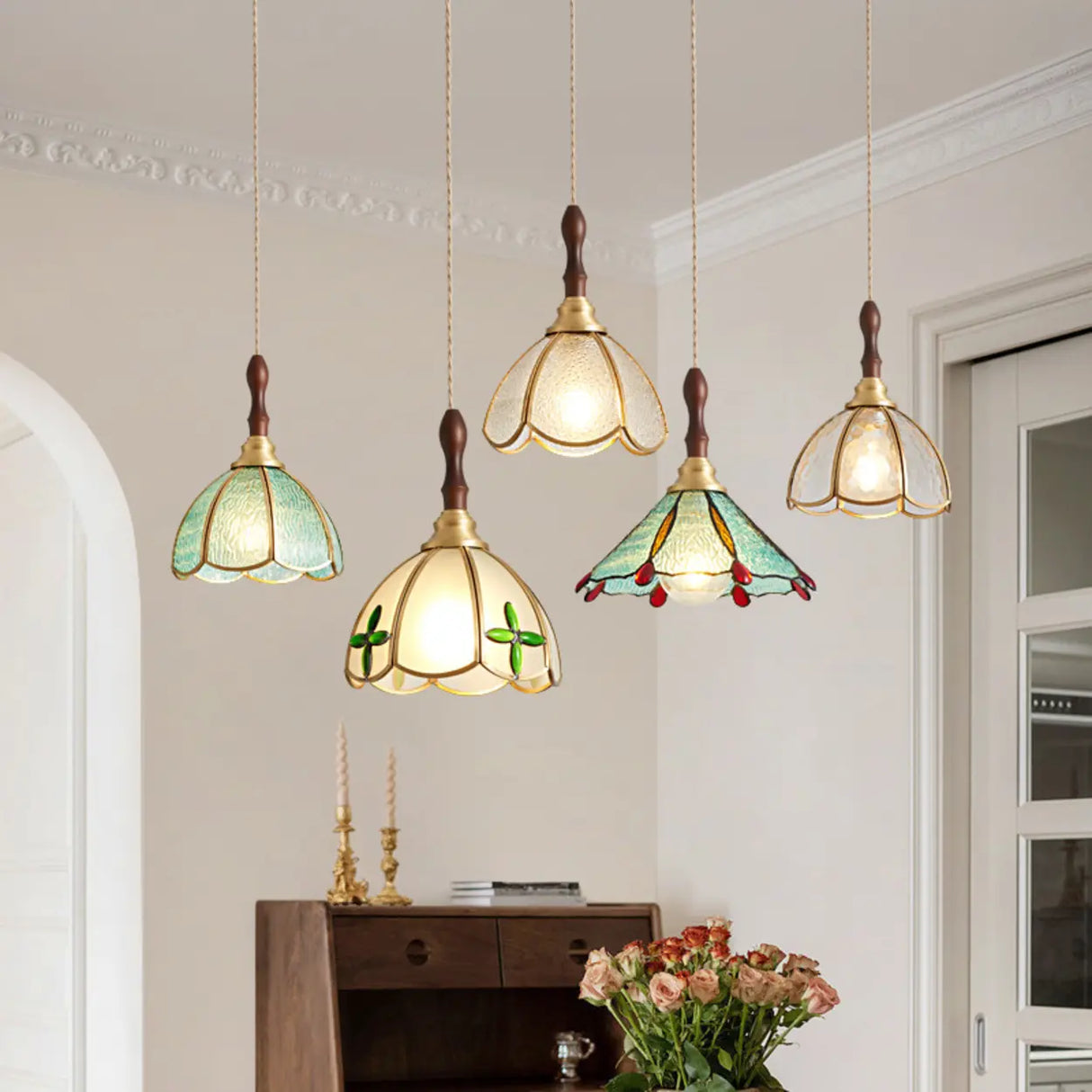 Vintage Floral Transparent Stained Glass Pendant Light Image - 1