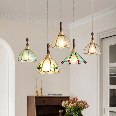 Vintage Floral Transparent Stained Glass Pendant Light Image - 1