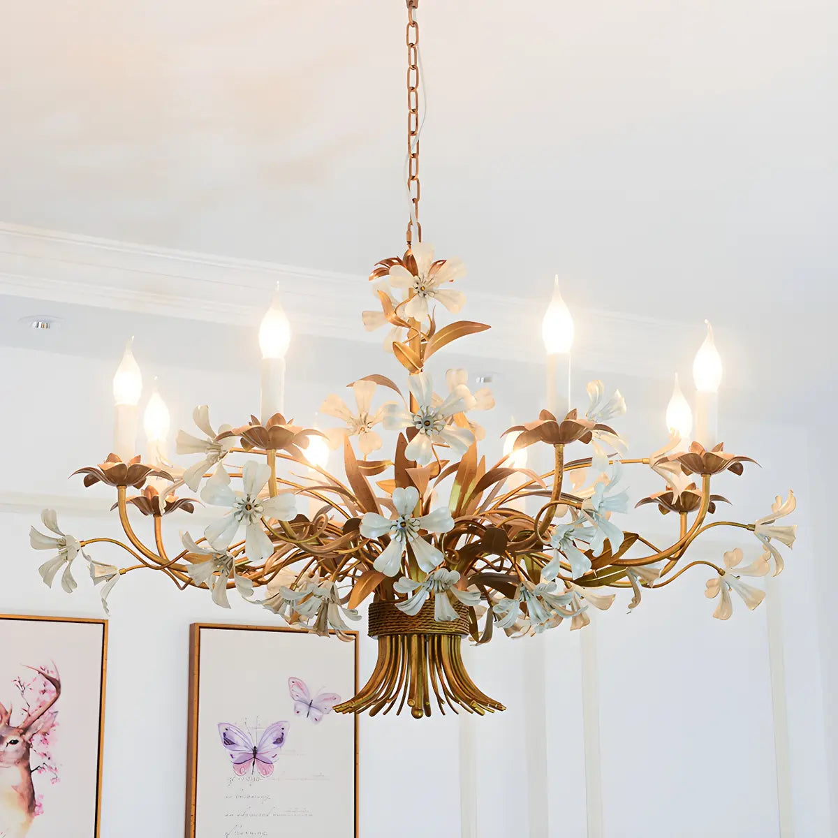 Vintage Floral White Petal Candlestick Bedroom Chandelier Image - 2
