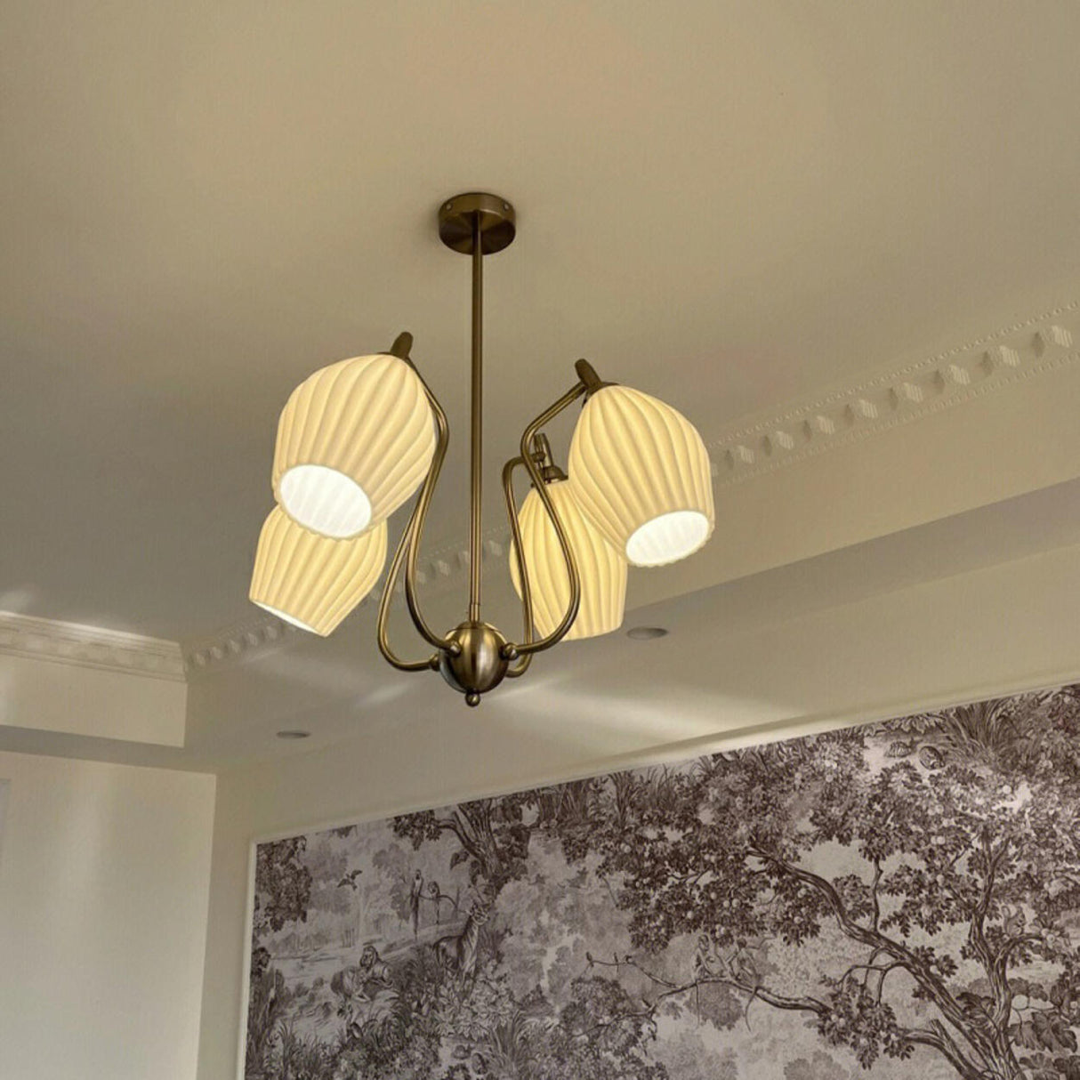 Vintage Floral White Ribbed Chandelier Adjustable Height Image - 11