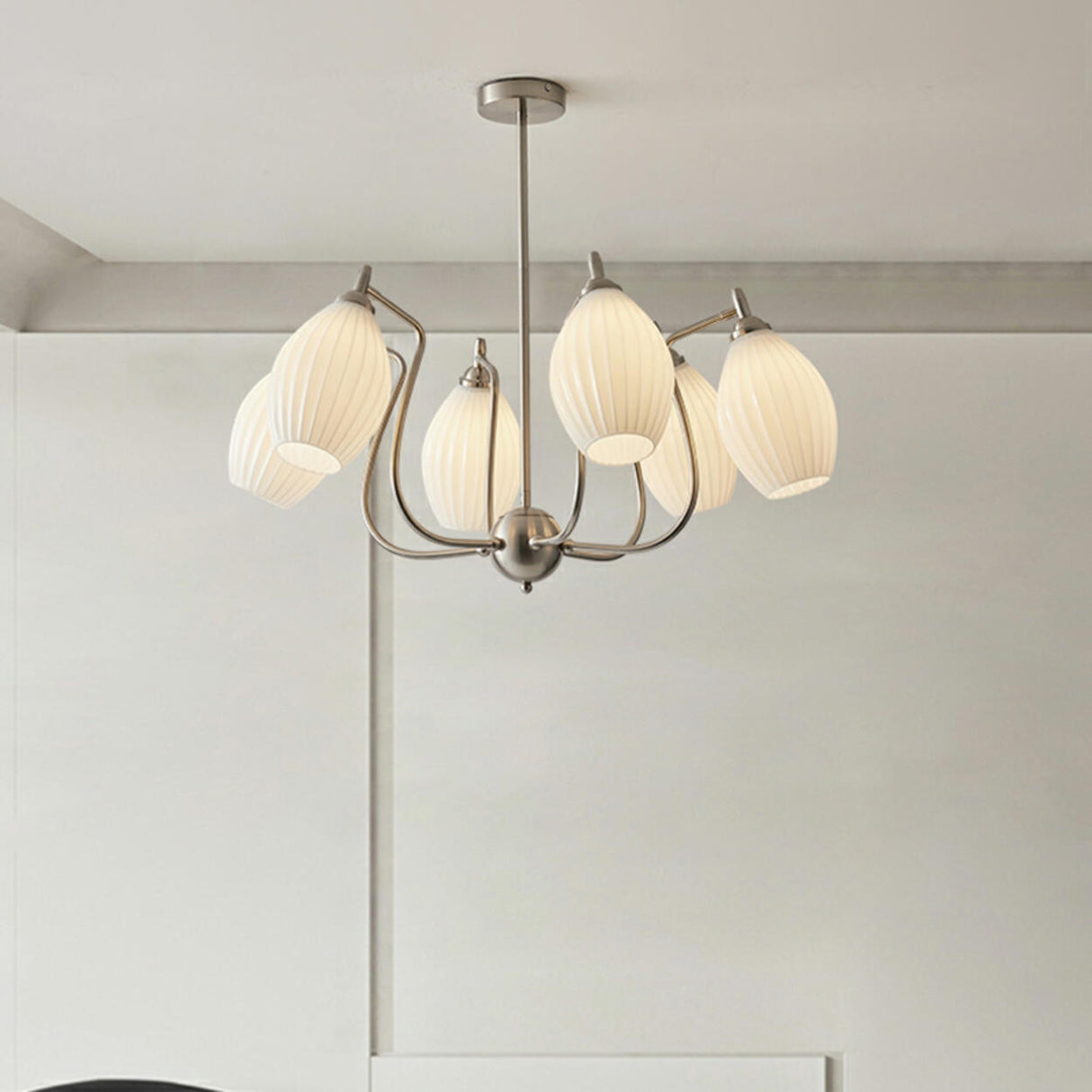 Vintage Floral White Ribbed Chandelier Adjustable Height Image - 16