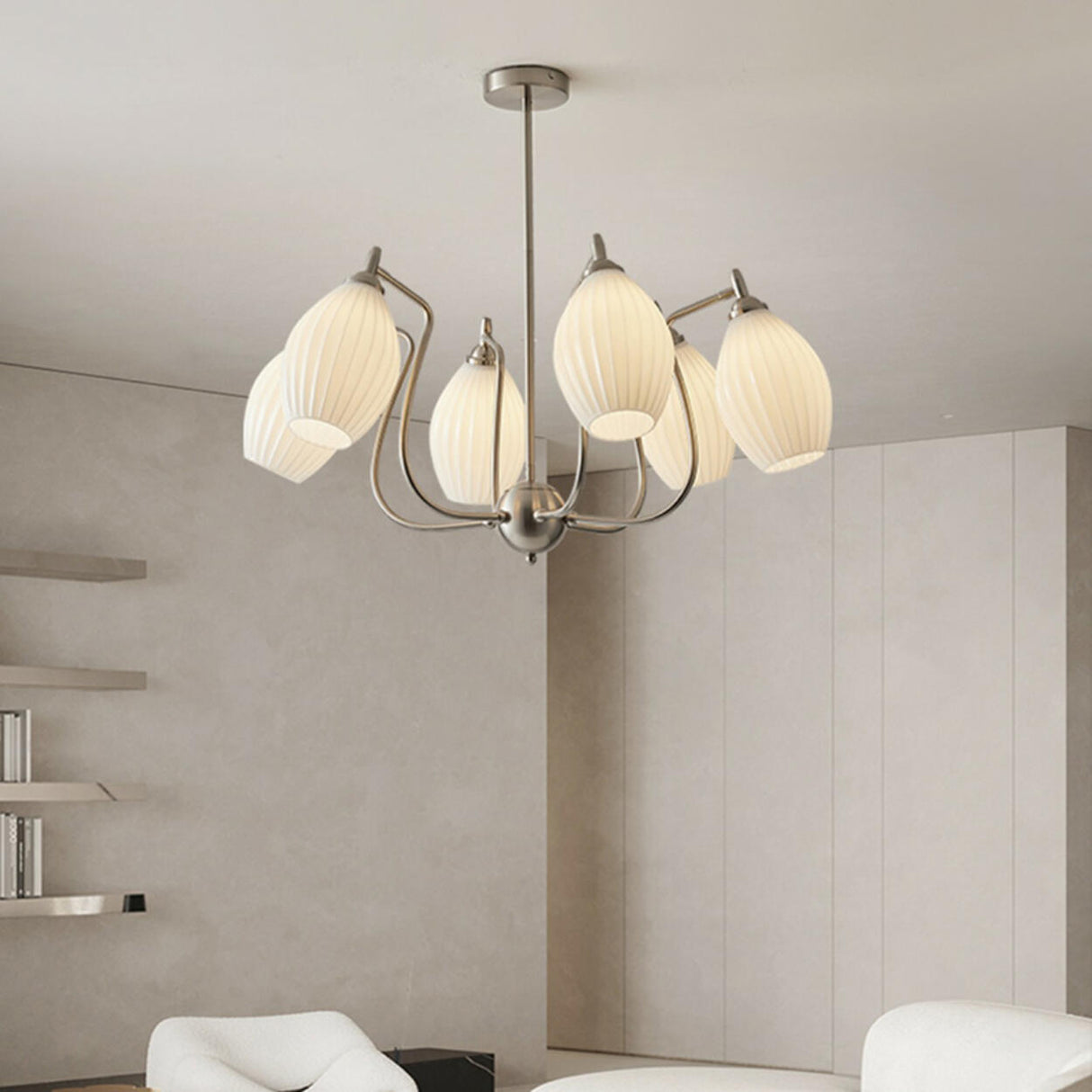 Vintage Floral White Ribbed Chandelier Adjustable Height Image - 17