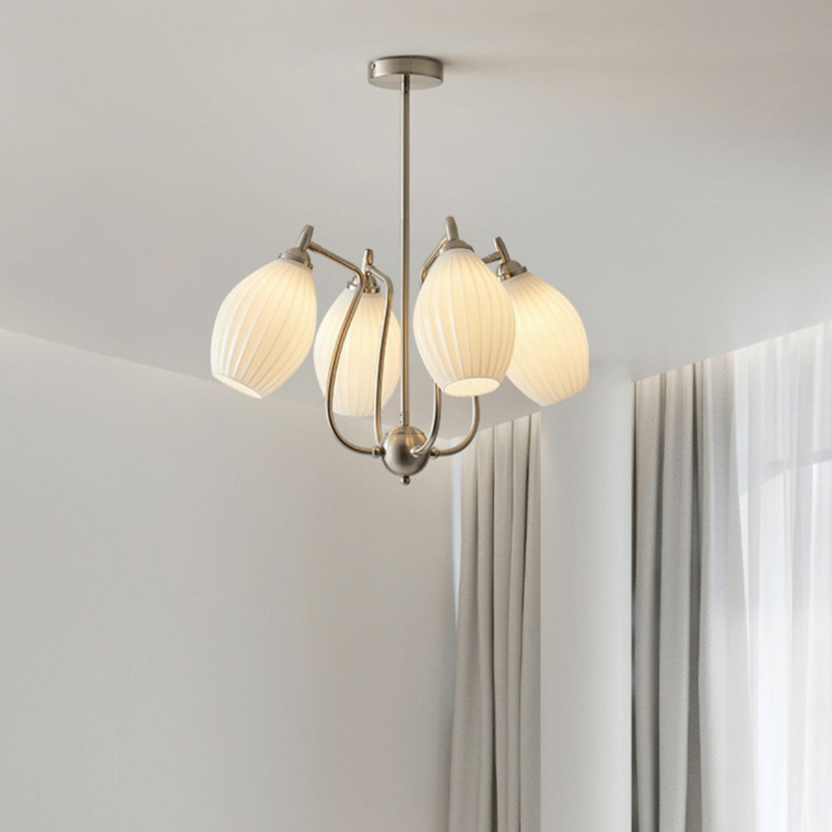 Vintage Floral White Ribbed Chandelier Adjustable Height Image - 18