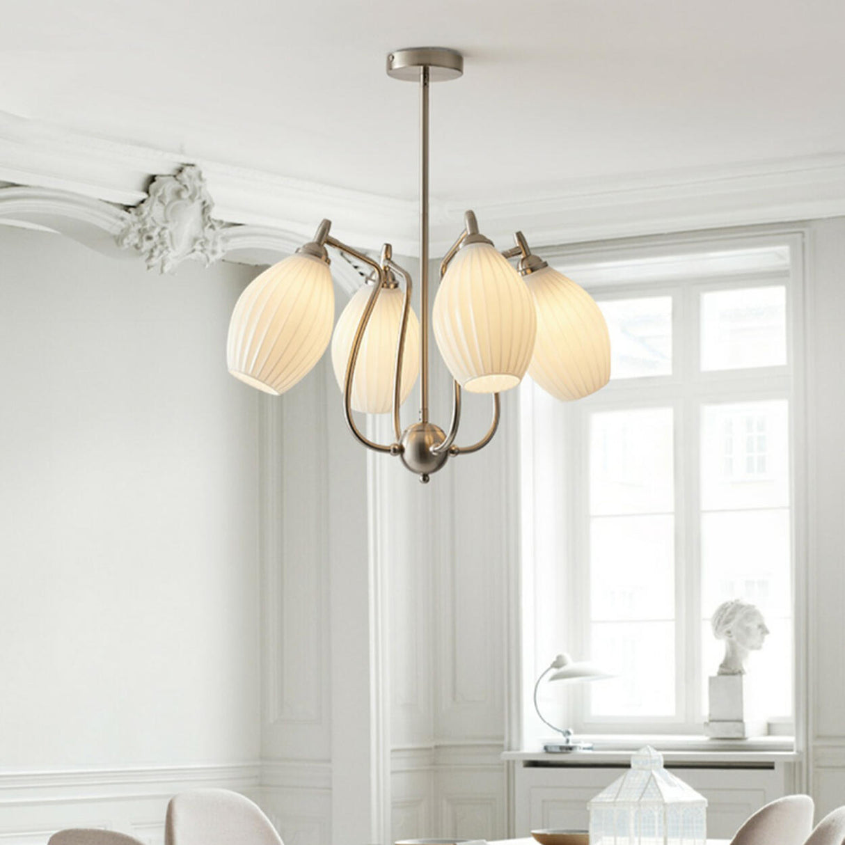Vintage Floral White Ribbed Chandelier Adjustable Height Image - 19
