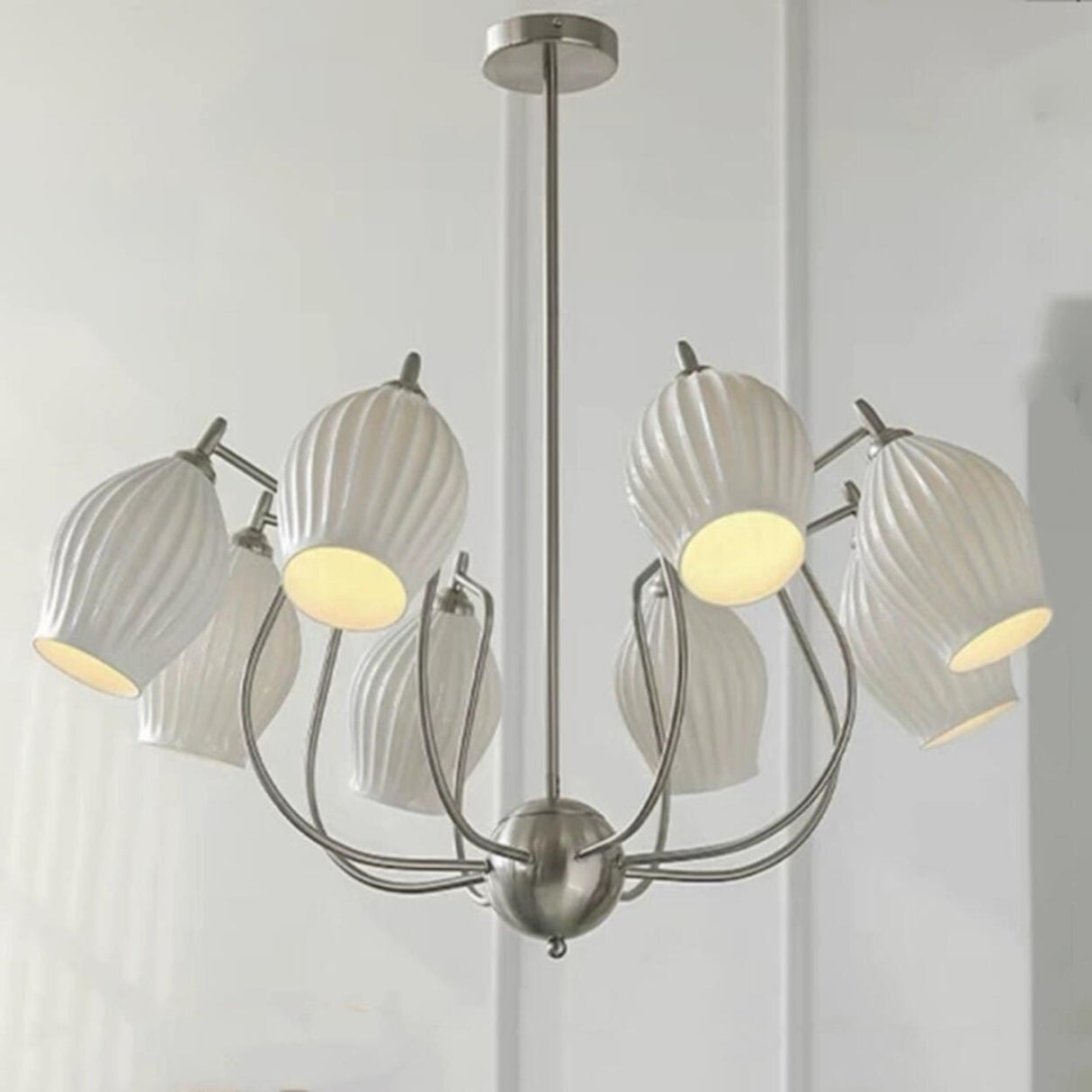Vintage Floral White Ribbed Chandelier Adjustable Height Image - 2
