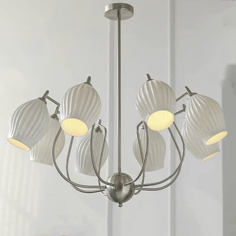 Vintage Floral White Ribbed Chandelier Adjustable Height Image - 2