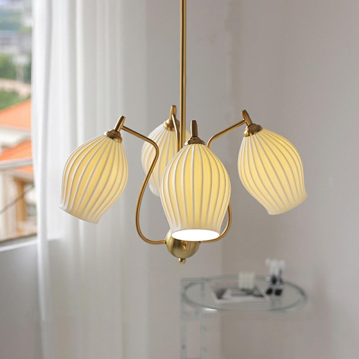 Vintage Floral White Ribbed Chandelier Adjustable Height Image - 3