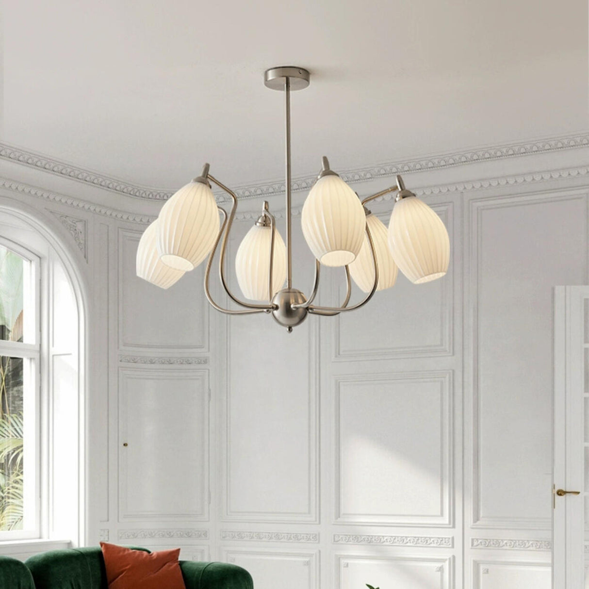 Vintage Floral White Ribbed Chandelier Adjustable Height Image - 4