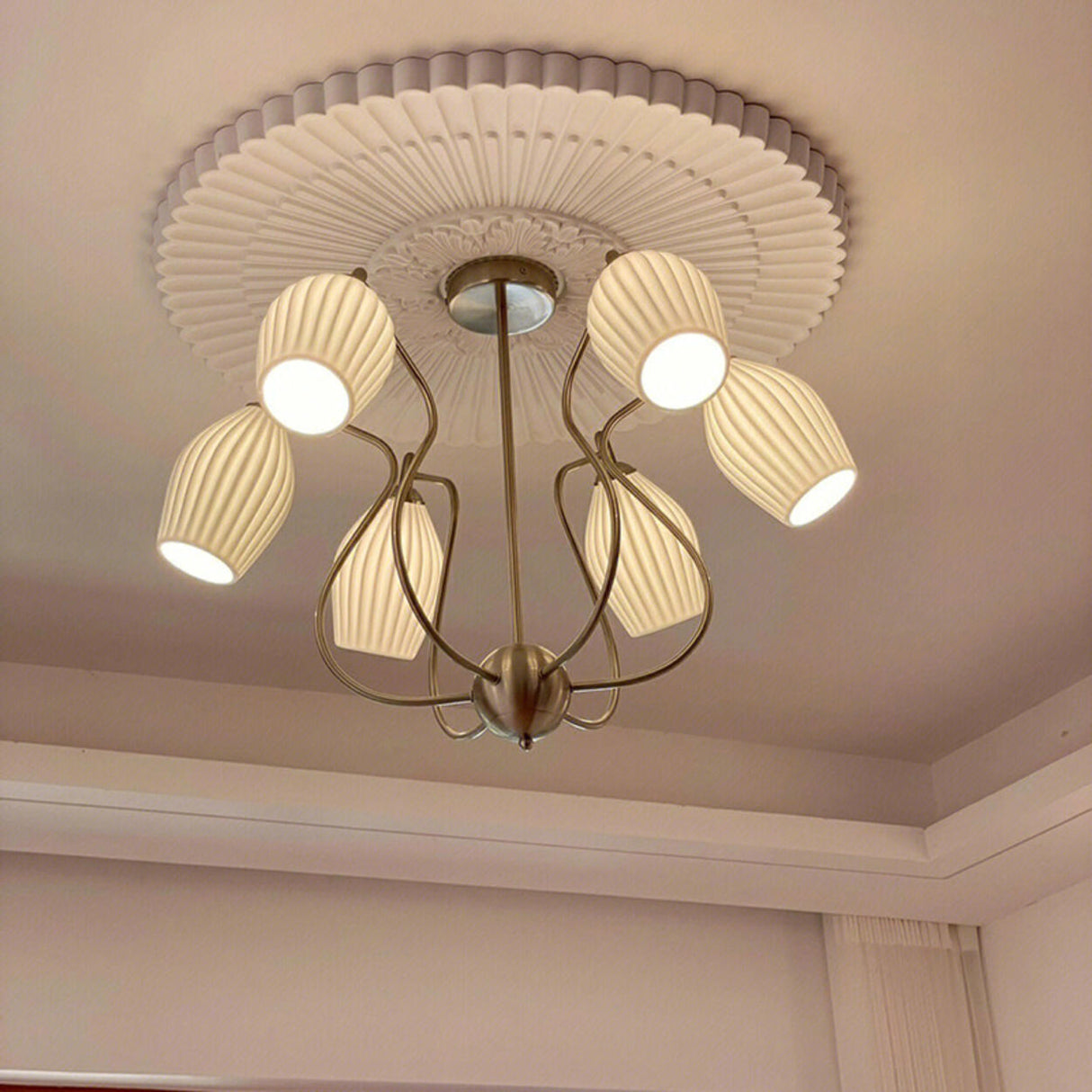 Vintage Floral White Ribbed Chandelier Adjustable Height Image - 5