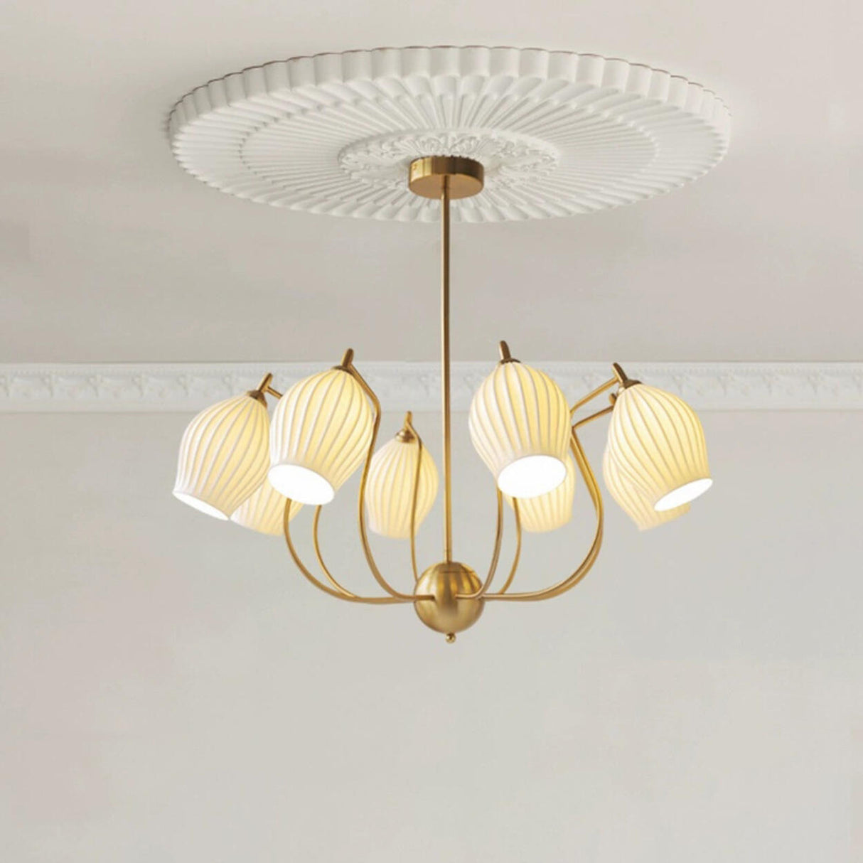 Vintage Floral White Ribbed Chandelier Adjustable Height Image - 7