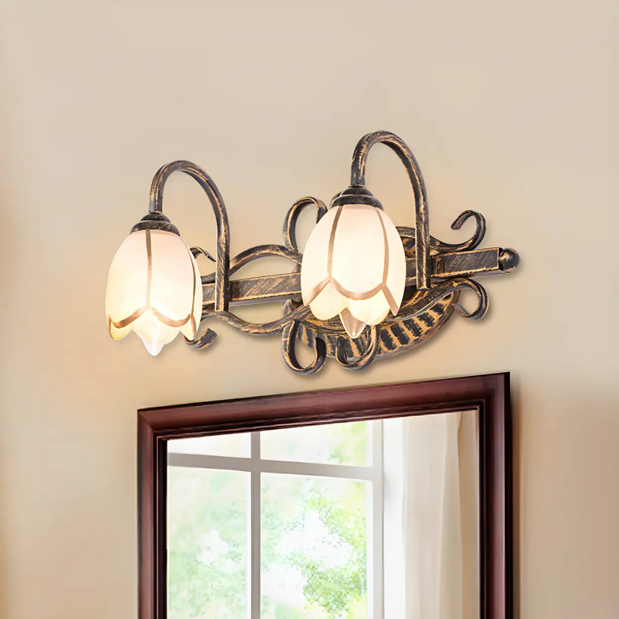 Vintage Flower Shade Multi-Light Brass Vanity Light Image - 2