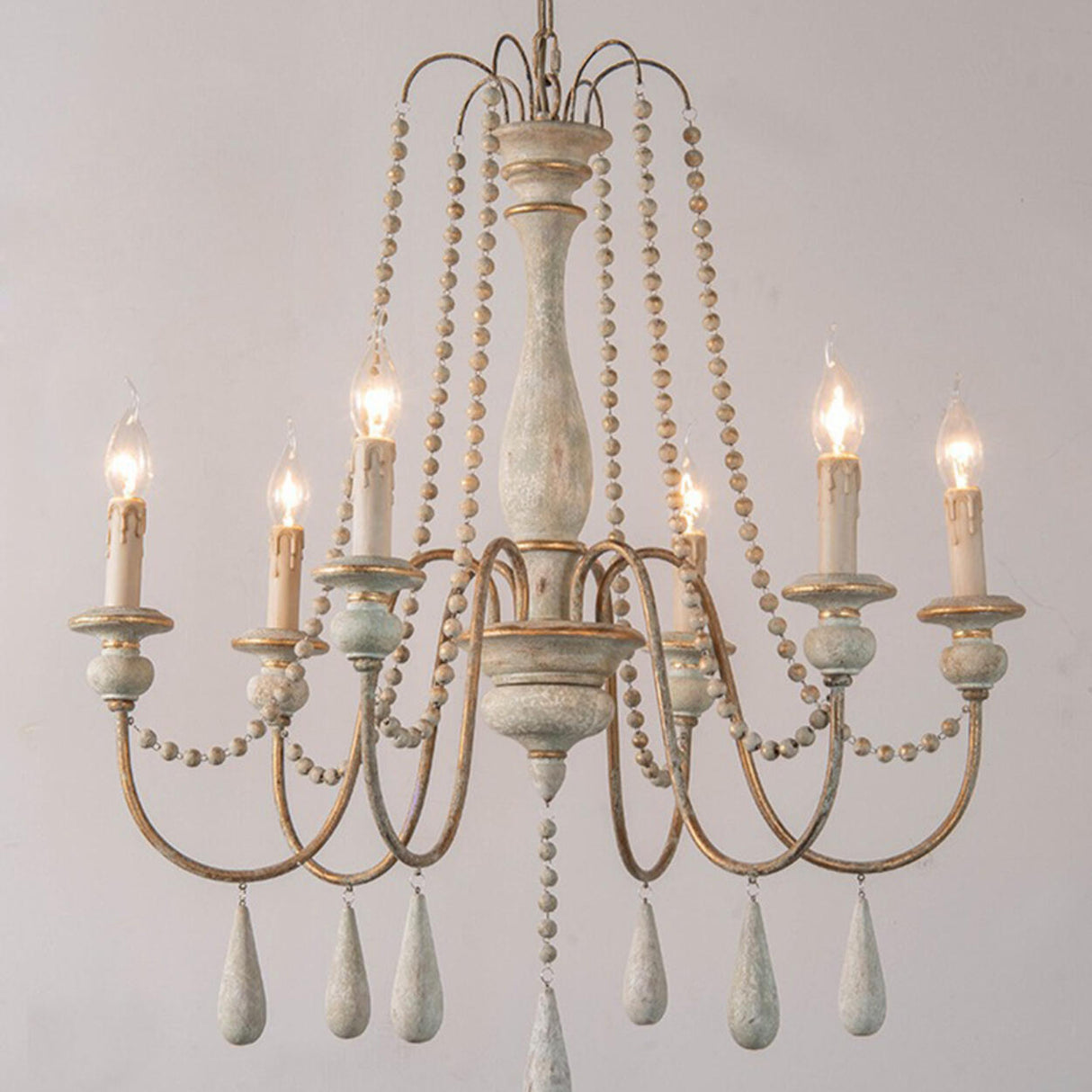 Vintage French Gray Wood Metal Candelabra Beaded Chandelier Image - 4