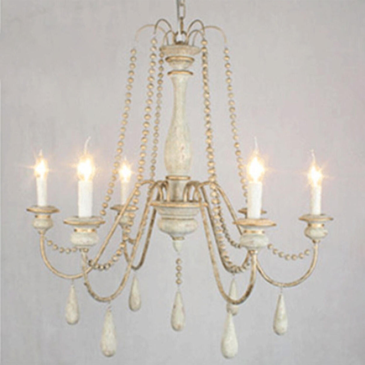 Vintage French Gray Wood Metal Candelabra Beaded Chandelier Image - 6