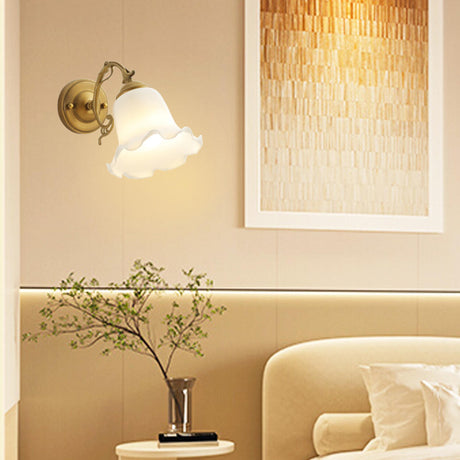 Vintage Frosted Glass Flower Gold Bedroom Wall Lamp Image - 1