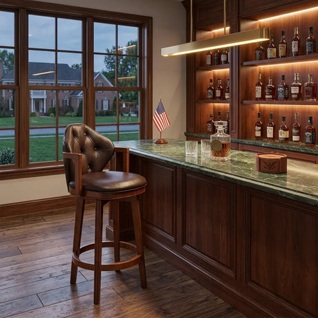 Vintage Genuine Leather Wingback Swivel Solid Wood Bar Stool Image - 1