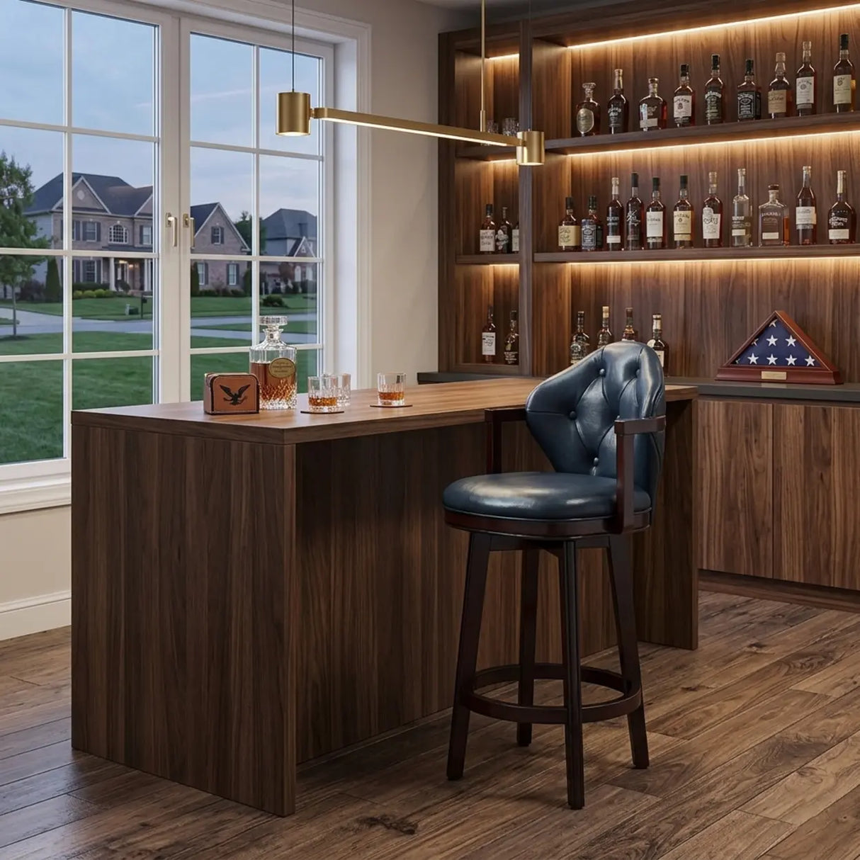 Vintage Genuine Leather Wingback Swivel Solid Wood Bar Stool Image - 10