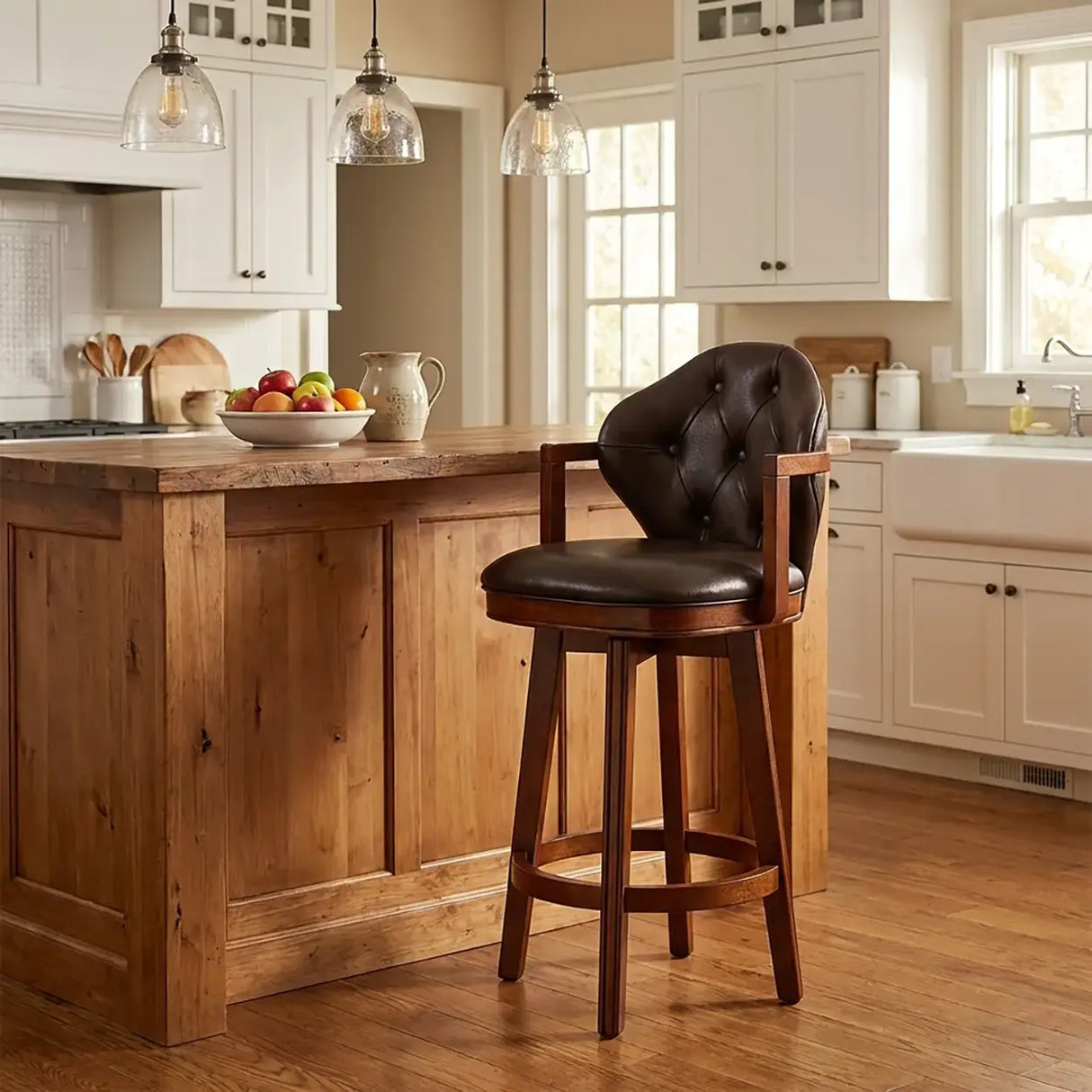 Vintage Genuine Leather Wingback Swivel Solid Wood Bar Stool Image - 12