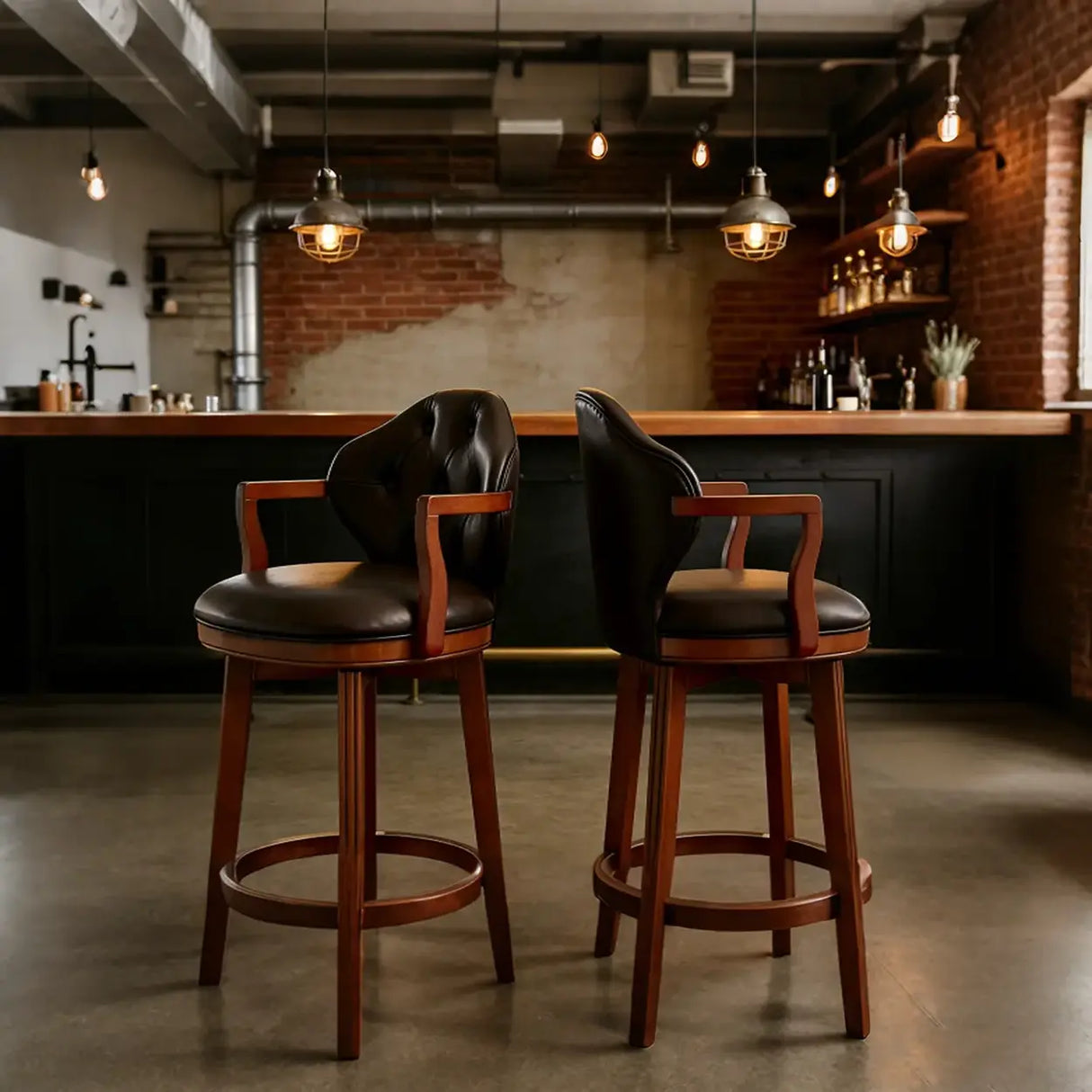 Vintage Genuine Leather Wingback Swivel Solid Wood Bar Stool Image - 14