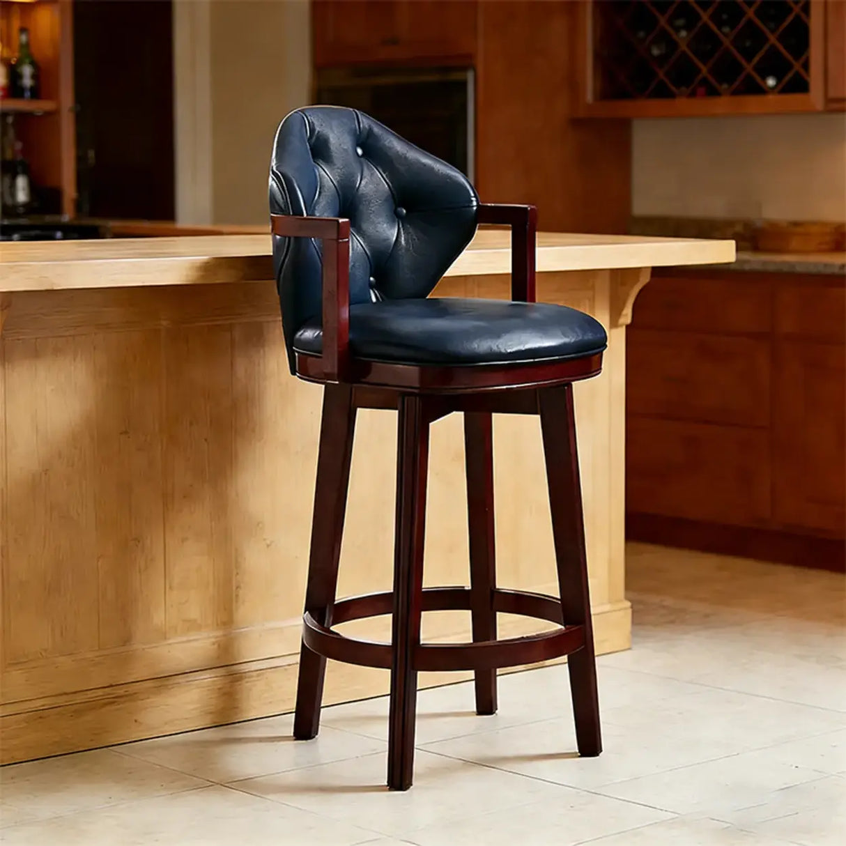 Vintage Genuine Leather Wingback Swivel Solid Wood Bar Stool Image - 17