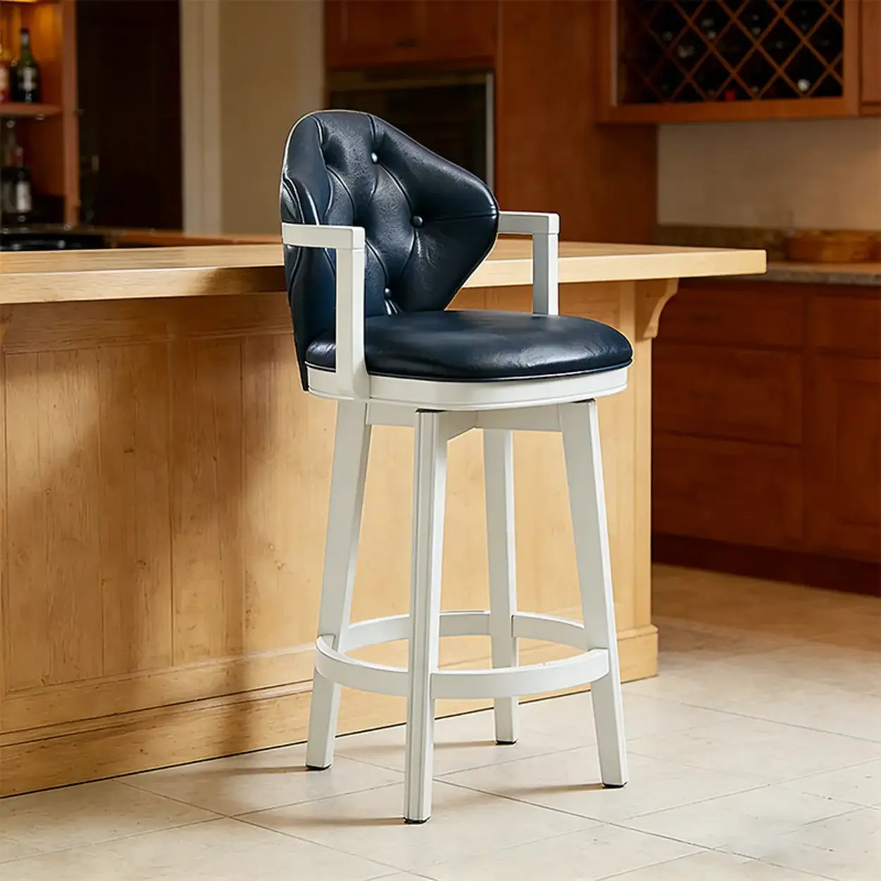 Vintage Genuine Leather Wingback Swivel Solid Wood Bar Stool Image - 18