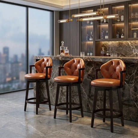 Vintage Genuine Leather Wingback Swivel Solid Wood Bar Stool Image - 2