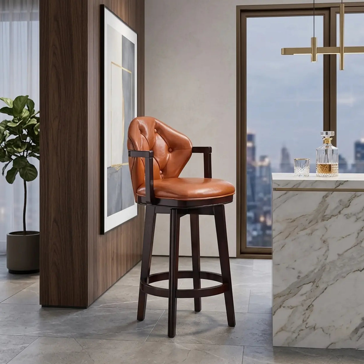 Vintage Genuine Leather Wingback Swivel Solid Wood Bar Stool Image - 5
