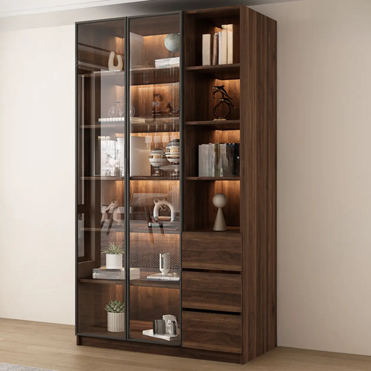 Vintage Glass Door Espresso Multi-Shelf Storage Bookcase Image - 10