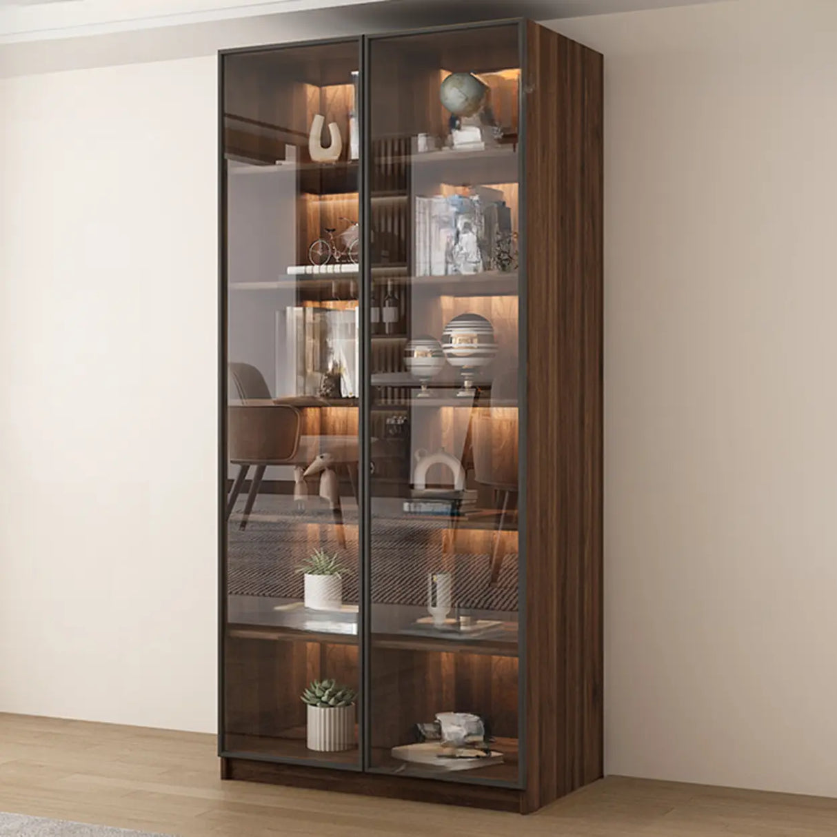 Vintage Glass Door Espresso Multi-Shelf Storage Bookcase Image - 11