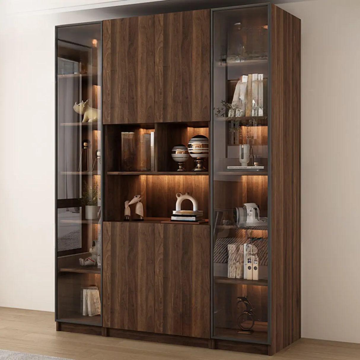 Vintage Glass Door Espresso Multi-Shelf Storage Bookcase Image - 13