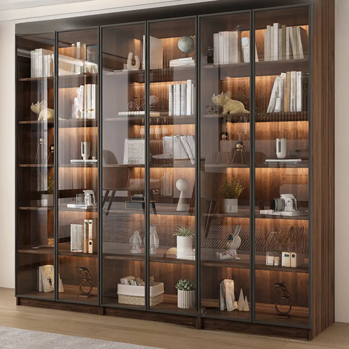 Vintage Glass Door Espresso Multi-Shelf Storage Bookcase Image - 14