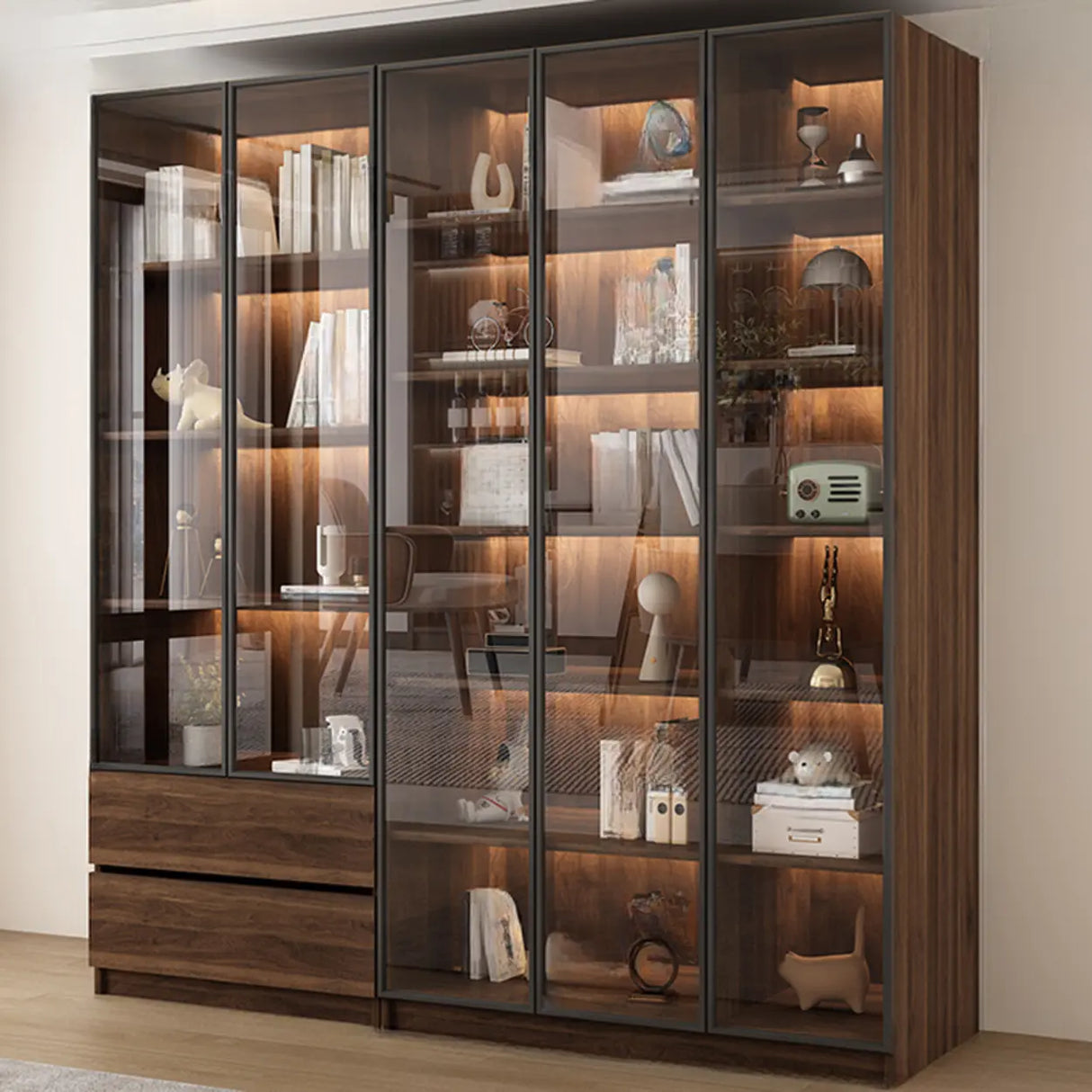 Vintage Glass Door Espresso Multi-Shelf Storage Bookcase Image - 15