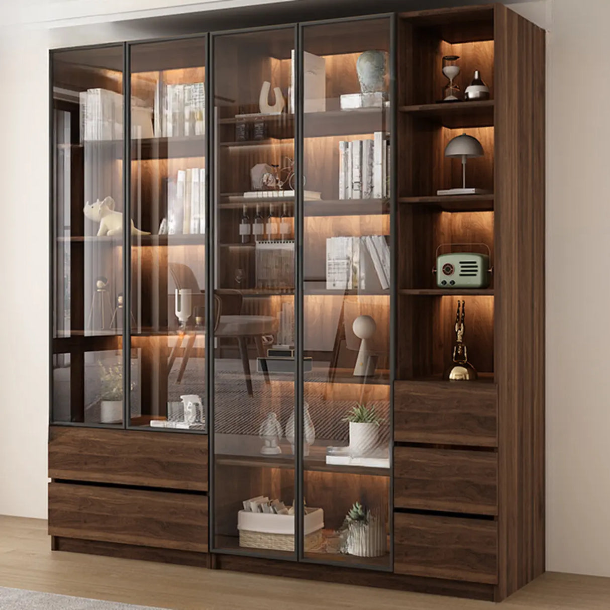 Vintage Glass Door Espresso Multi-Shelf Storage Bookcase Image - 16