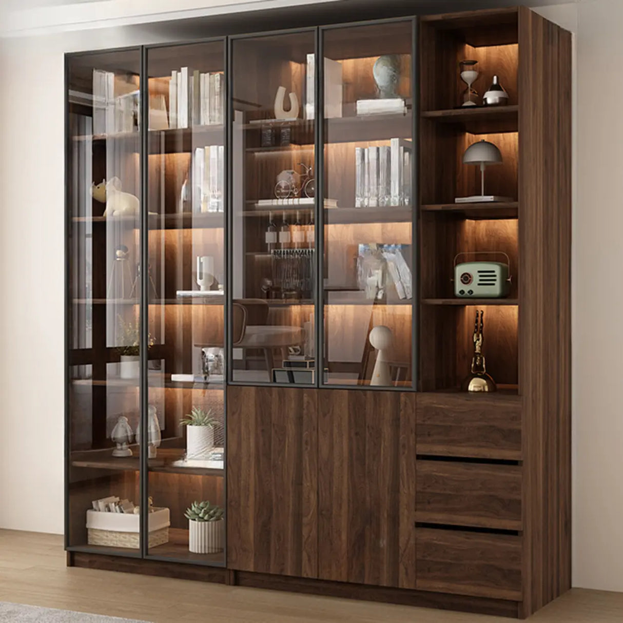 Vintage Glass Door Espresso Multi-Shelf Storage Bookcase Image - 17