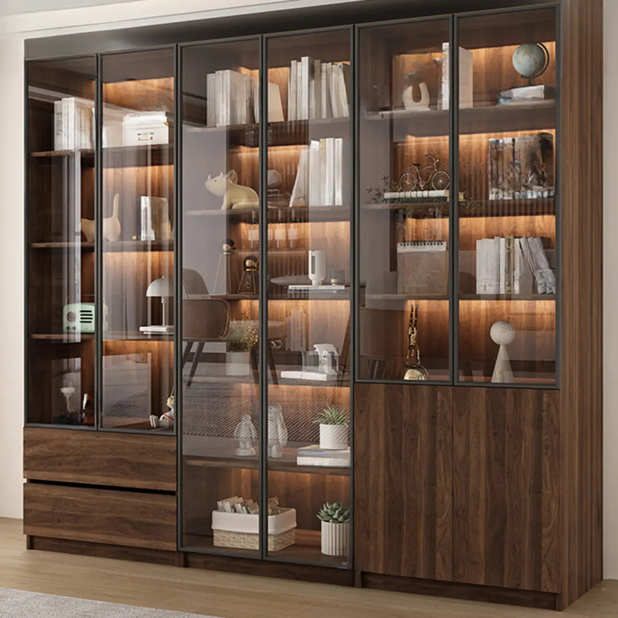 Vintage Glass Door Espresso Multi-Shelf Storage Bookcase Image - 18
