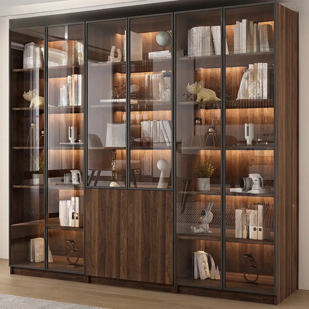 Vintage Glass Door Espresso Multi-Shelf Storage Bookcase Image - 19