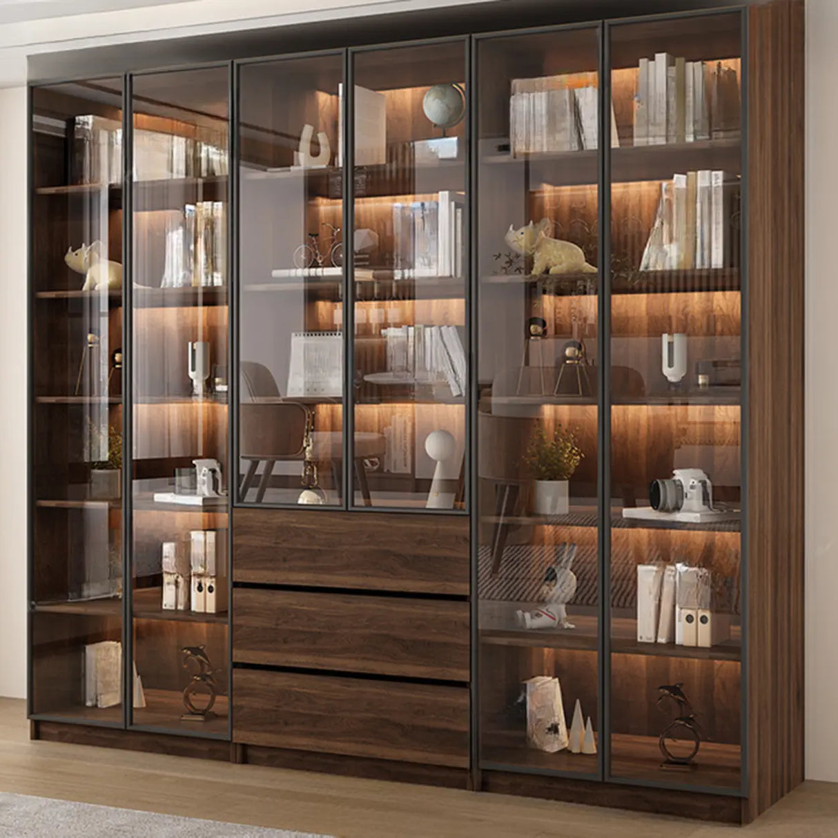 Vintage Glass Door Espresso Multi-Shelf Storage Bookcase Image - 20