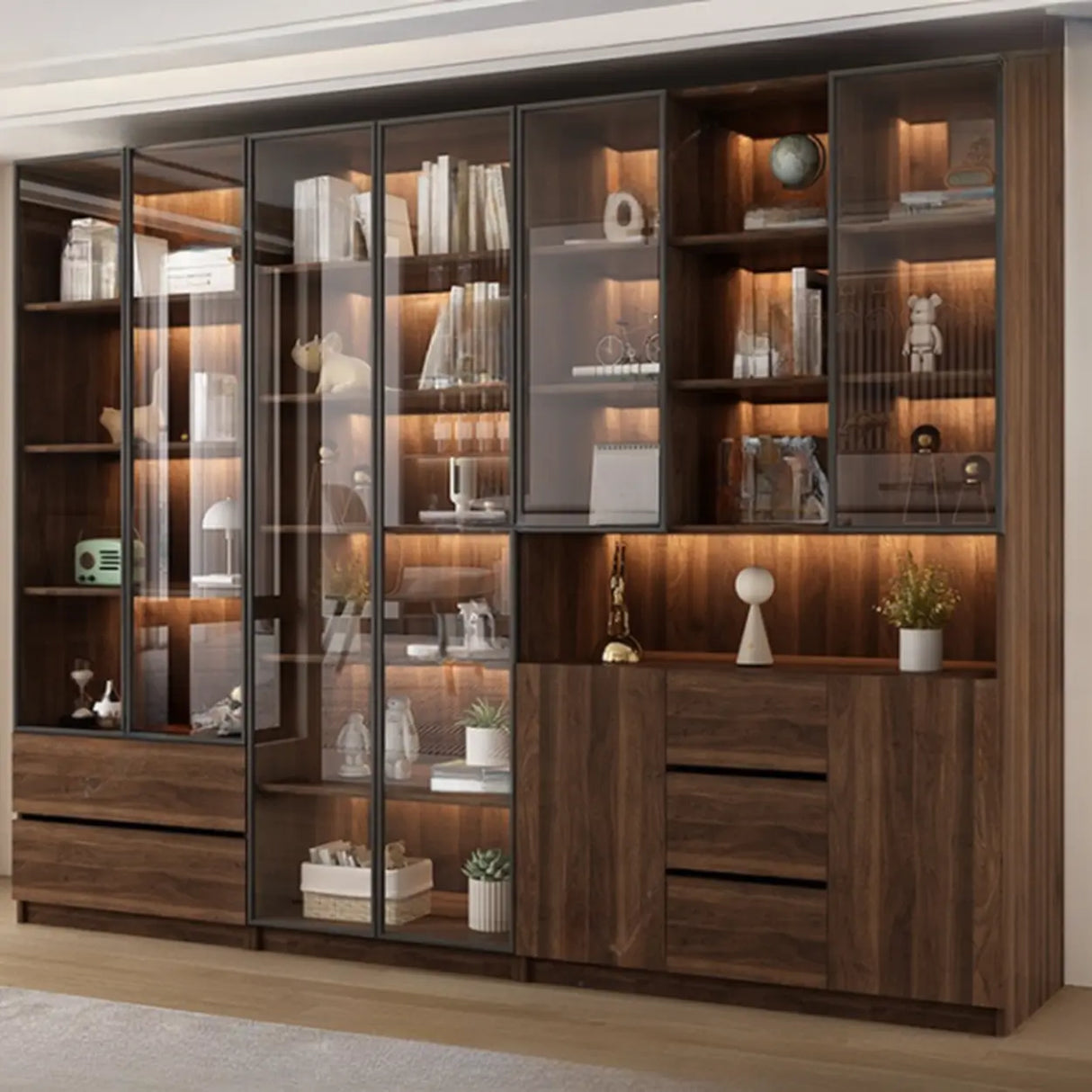Vintage Glass Door Espresso Multi-Shelf Storage Bookcase Image - 21