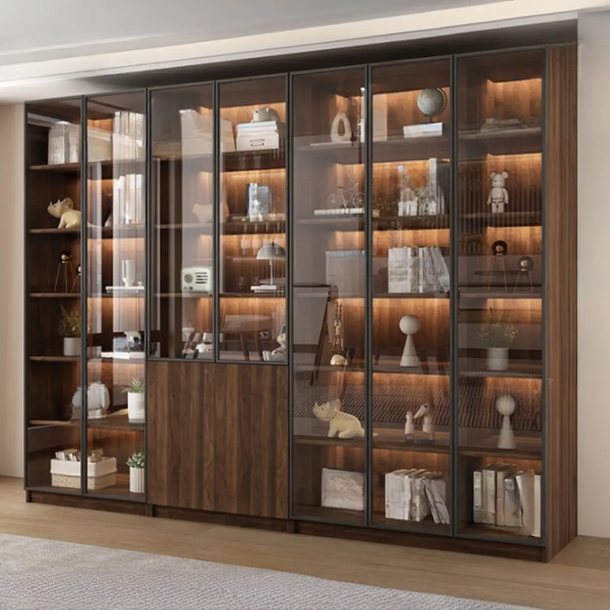 Vintage Glass Door Espresso Multi-Shelf Storage Bookcase Image - 22