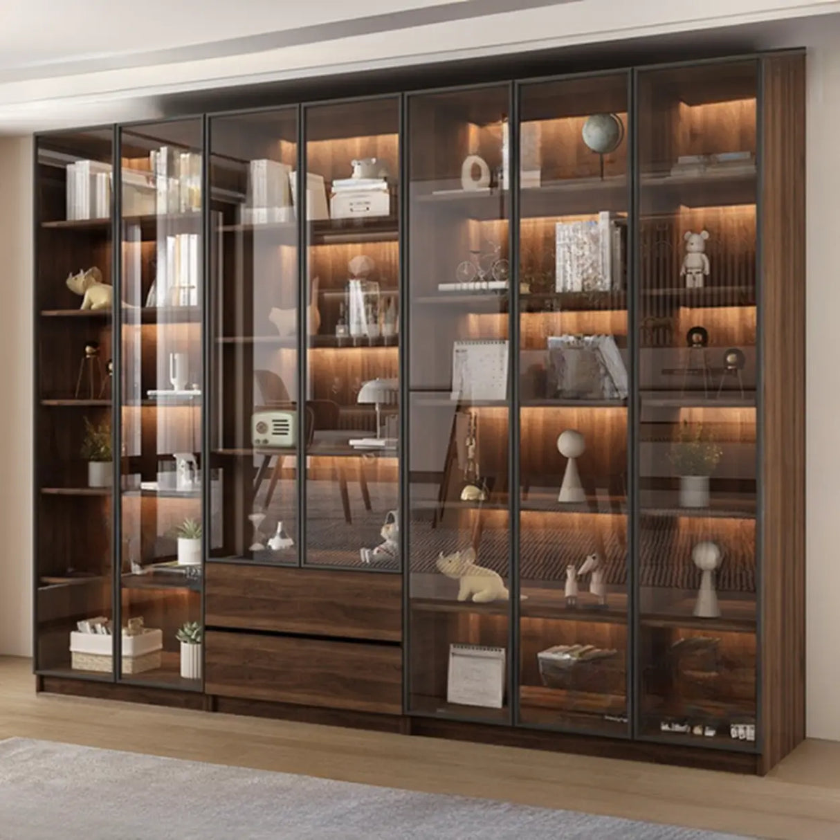 Vintage Glass Door Espresso Multi-Shelf Storage Bookcase Image - 23