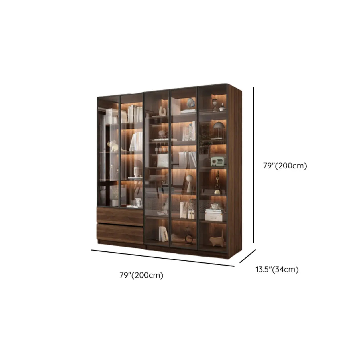 Vintage Glass Door Espresso Multi-Shelf Storage Bookcase Image - 38