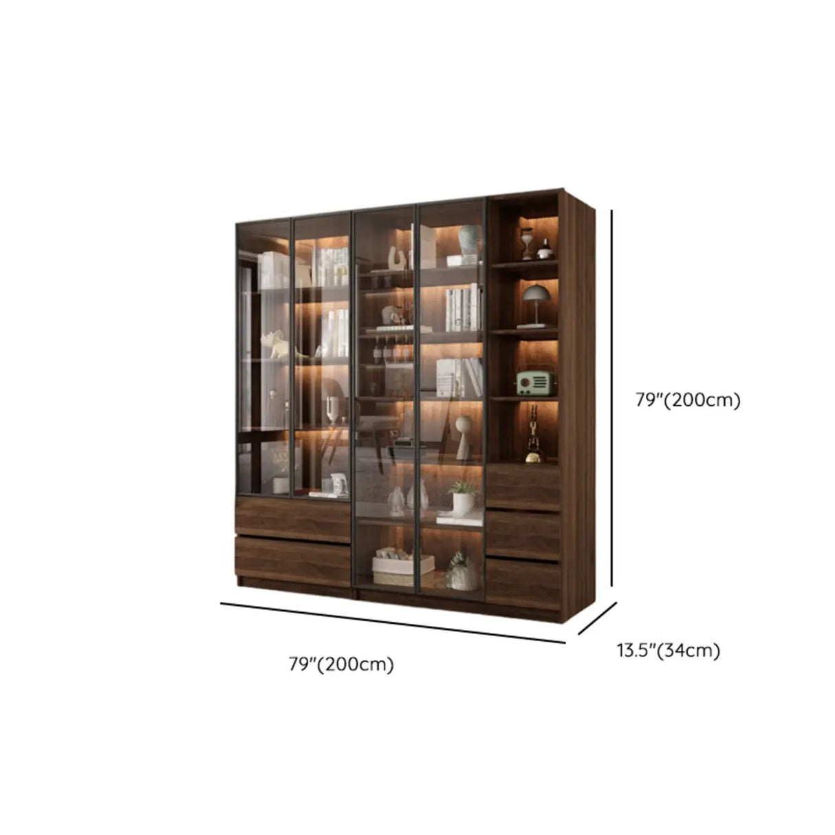 Vintage Glass Door Espresso Multi-Shelf Storage Bookcase Image - 39