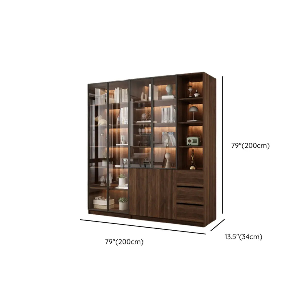 Vintage Glass Door Espresso Multi-Shelf Storage Bookcase Image - 40