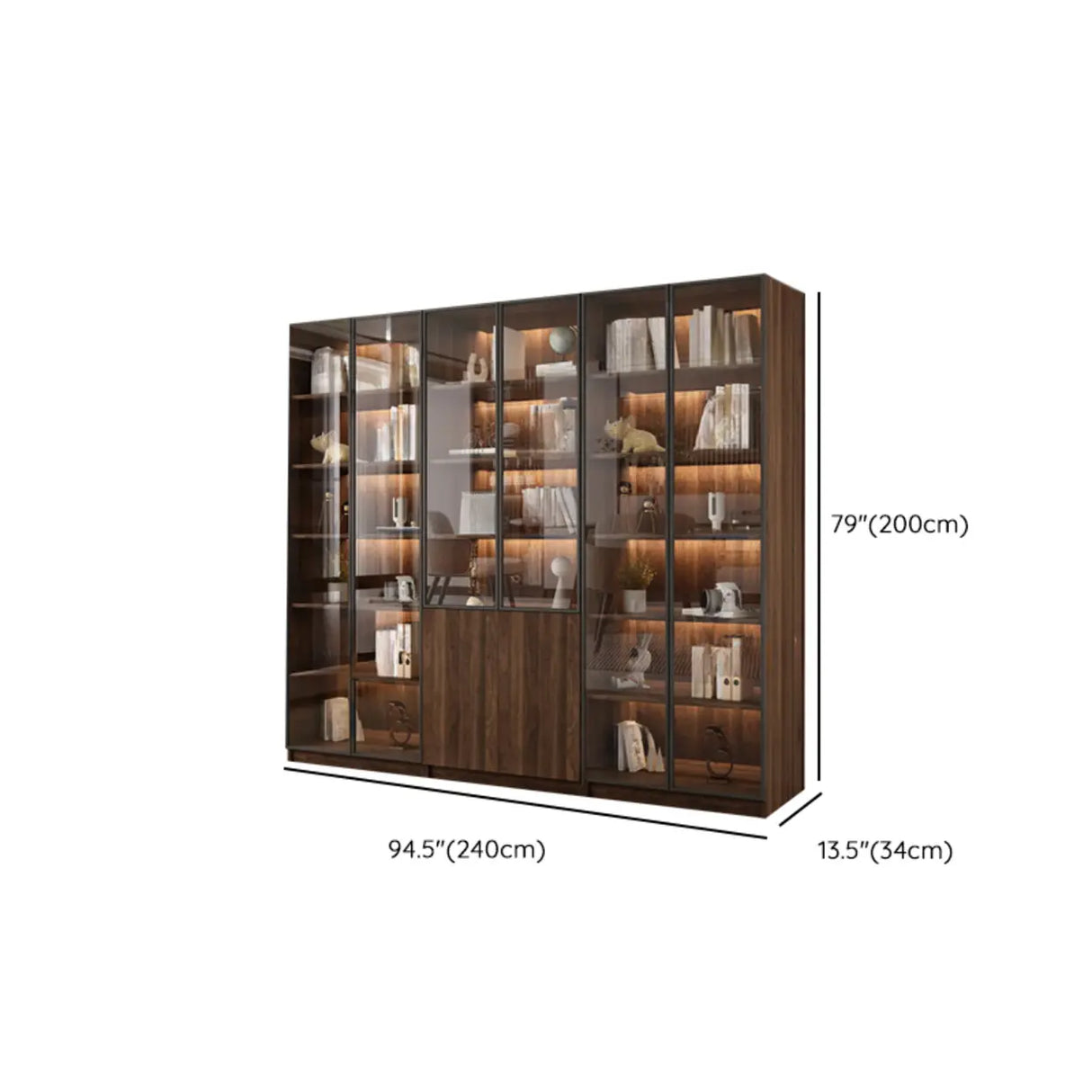 Vintage Glass Door Espresso Multi-Shelf Storage Bookcase Image - 41