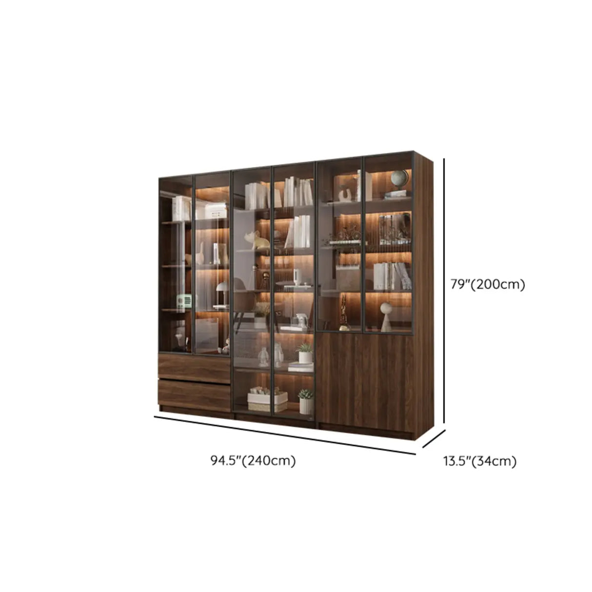 Vintage Glass Door Espresso Multi-Shelf Storage Bookcase Image - 42
