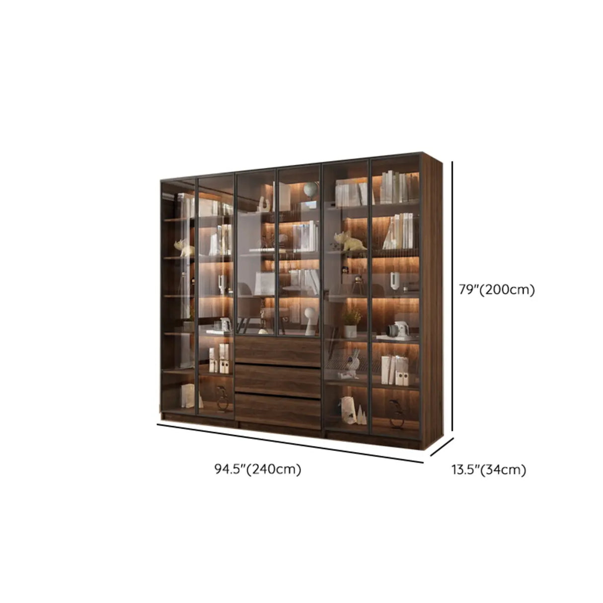 Vintage Glass Door Espresso Multi-Shelf Storage Bookcase Image - 43