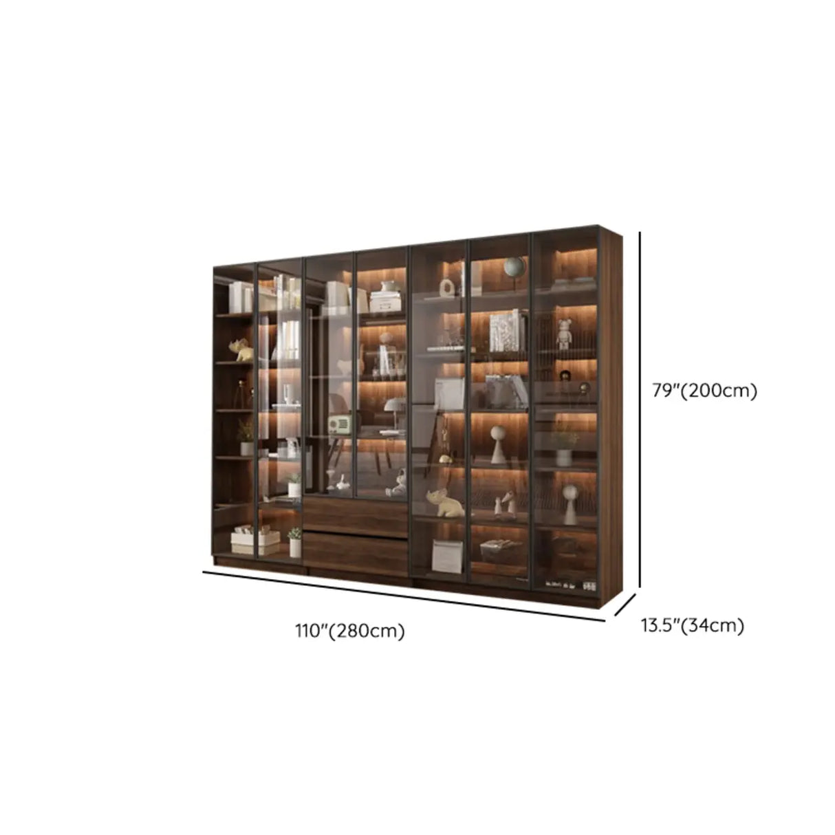 Vintage Glass Door Espresso Multi-Shelf Storage Bookcase Image - 45