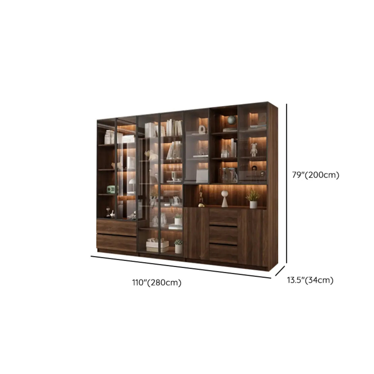 Vintage Glass Door Espresso Multi-Shelf Storage Bookcase Image - 46