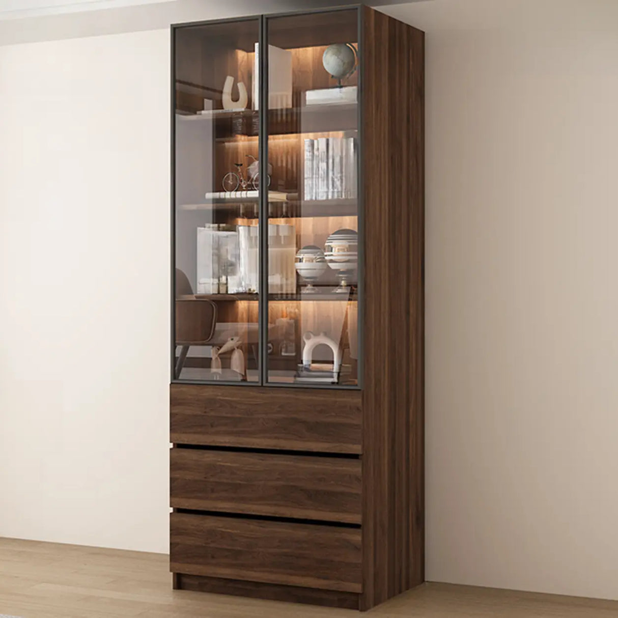 Vintage Glass Door Espresso Multi-Shelf Storage Bookcase Image - 6